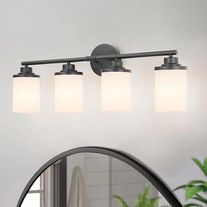 Bathroom Light Fixtures,Matte Black Bathroom Lights,4-Light Vanity Light Over Mirror,Modern Vanity Light Fixture with Frosted Glass