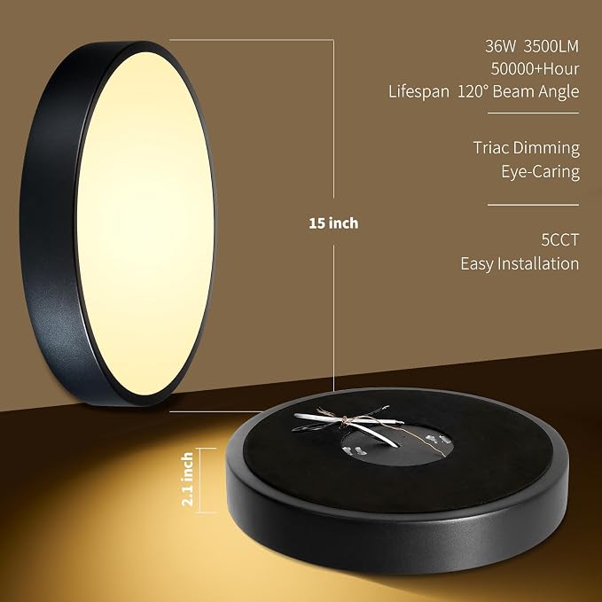 Flush Mount Ceiling Light Fixtures Black LED Dimmable 5CCT 15 Inch 36W | 2700K, 3000K, 3500K, 4000K, 5000K, with Remote Control,Iron, IP40, For Bedroom, Kitchen, Entryway, Closet & Hallway, ETL