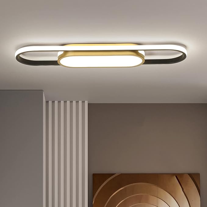 Tioolo Modern LED Flush Mount Ceiling Light, Dimmable with Remote, 27.5in | 3000K-6500K Linear Ceiling Light Fixture, Black Gold Acrylic Ceiling Lamp with Memory for Kitchen, Living Room, Bedroom, 40W