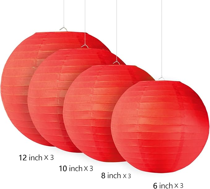12 Pcs Red Paper Lanterns with 12 Pcs White LED Lights, 6" 8" 10" 12" Round Hanging Ball Lantern for Christmas Valentine's Day 4th of July Party