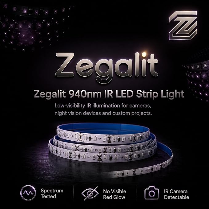 940nm IR Illuminator LED Strip Light, 600 LEDs High Density Infrared Tape (SMD 2835), Zero Glow Invisible Night Vision for Covert Security Camera, Wildlife, VR Tracking, 16.4ft/5m 12V