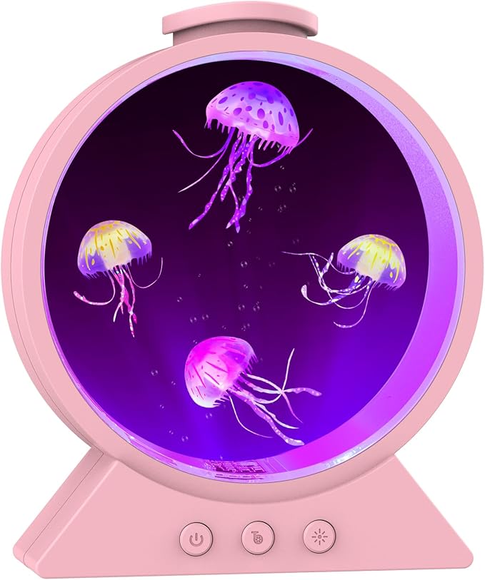 Jellyfish Lamp for Sleep Anxiety Calming Night Light for Bedroom(Pink) | Whisper-Quiet Sensory | 7 Soft Color Modes | Adjustable Water Flow | 8H Auto-Off Timer | Rounded Tank Lamp Gift for All Ages