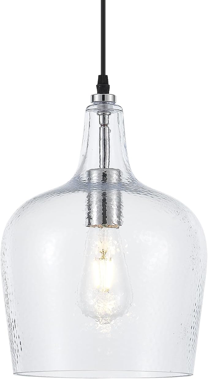 10”Chrome Hammered Glass Pendant Light Modern 1 Light Single Dome Pendent Lighting Fixtures for Kitchen Island Dining Room Hallway, UL Listed