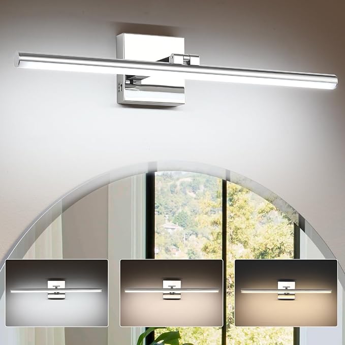 LED Bathroom Vanity Light, Modern Bathroom Light Fixture Over Mirror (3000K/4000K/6000K, Dimmable), Vanity Light Bar with Angle Adjustable, 24 Inch, Chrome