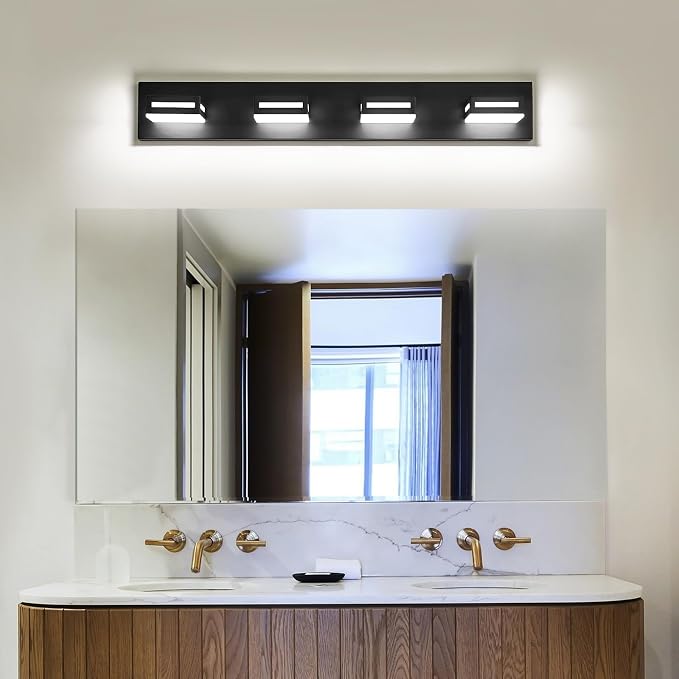 LED Modern Bathroom Light Fixtures, 4-Light 30-Inch Matte Black Vanity Lights for Bathroom Lighting Fixtures Over Mirror, 6000K Cool White 350° Rotatable Wall Lamp