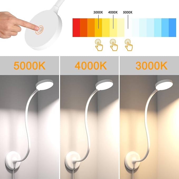 ENUOTEK Flexible LED Wall Mounted Reading Light, USB Powered White LED Bedside Reading Lamp, 100%-70%-35%-15% 4 Levels Dimmable and 5000K- 4000K- 3000K 3 Levels Adjustable Lighting Colors