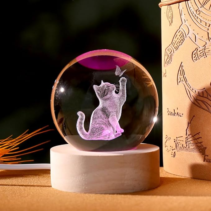 Cat Lover Gifts for Women 3D Cat Crystal Ball Themed Gift Mom Birthday Kitty Laddy Gift for Christmas Mothers Day