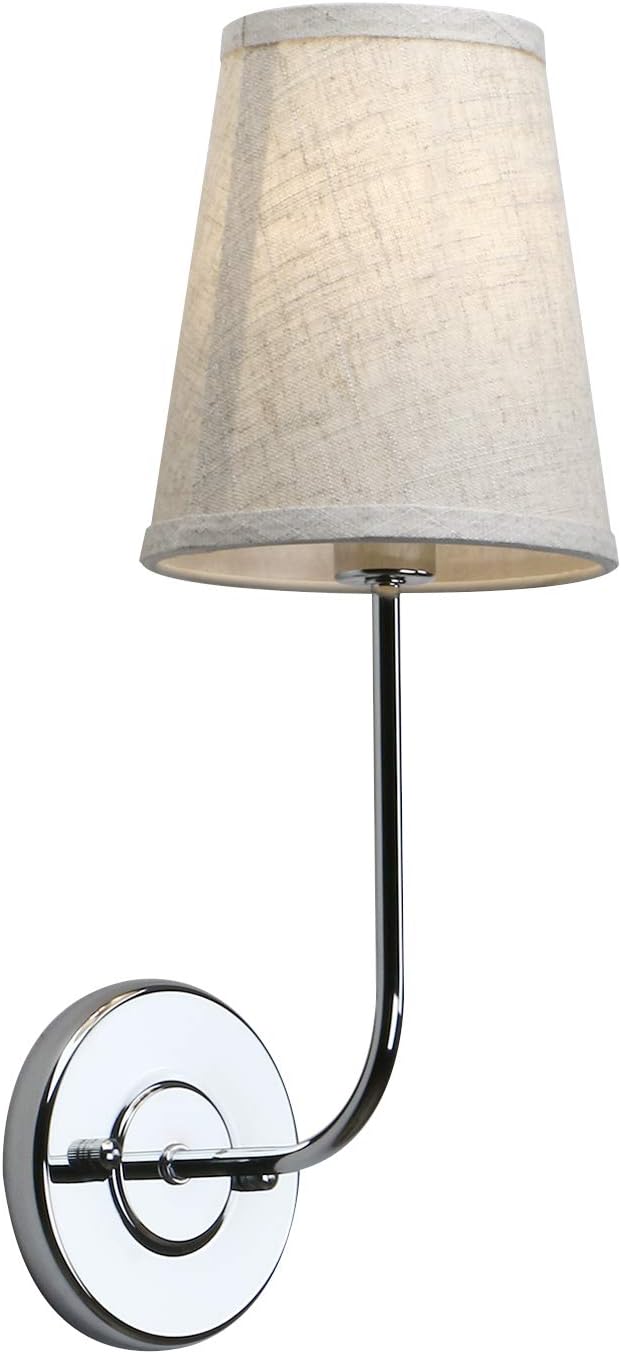 Single Classic Rustic Industrial Wall Sconce Light Fixture with Flared Funnel Linen Fabric Shade Nightstand Lamps for Bedrooms Bedside Reading (Chrome)