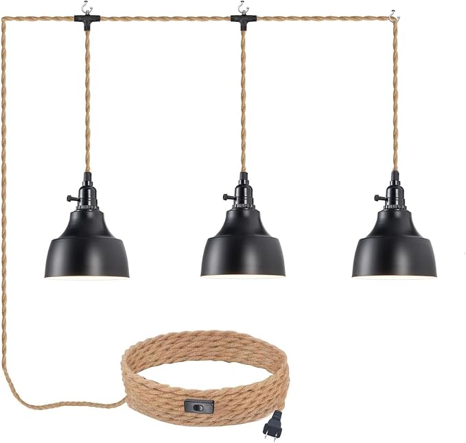 3 Light Plug in Pendant Light Cord 22FT Farmhouse Hanging Lamp | Industrial with Twisted Hemp Rope Independent Triple Switch Hanging Light Chandelier for Dining Room
