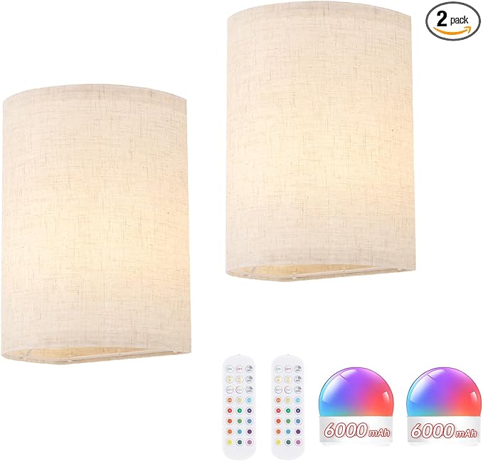 Shenmoyl Battery Operated Wall Sconce Set of 2, Rechargeable 6000mAh Magnetic Bulb, No Drill Stick On Cordless Wall Light, RGB & 3 Color Temperatures Dimmable with Linen Shade for Bedroom Living Room