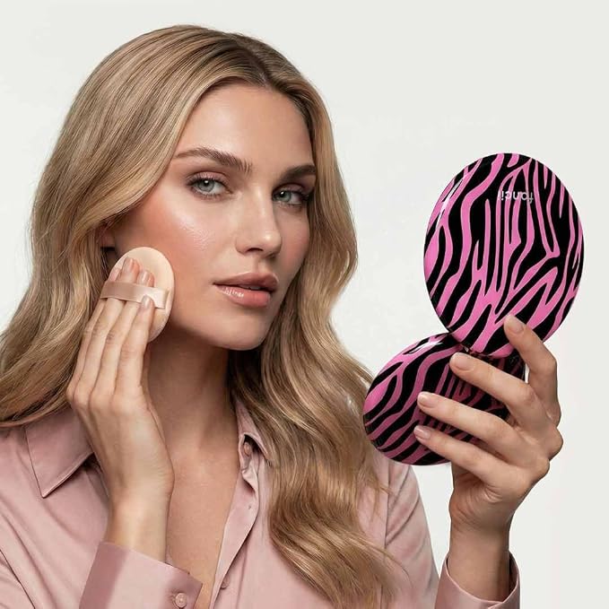 Fancii Taylor LED Lighted Travel Makeup Mirror, Rechargeable, 10x /1x Magnifying, Tru-Glow Lighting System, XL Large 5” Wide | Compact Mirror for Purses (Hot Pink Safari)