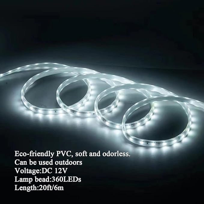 20FT White Rope Lights Outdoor, 12V IP65 Waterproof Led Rope Lights Indoor Cuttable, Flexible Led Strip Lights Cuttable Plug-in for Patio Deck Bedroom Kitchen Bedroom Christmas