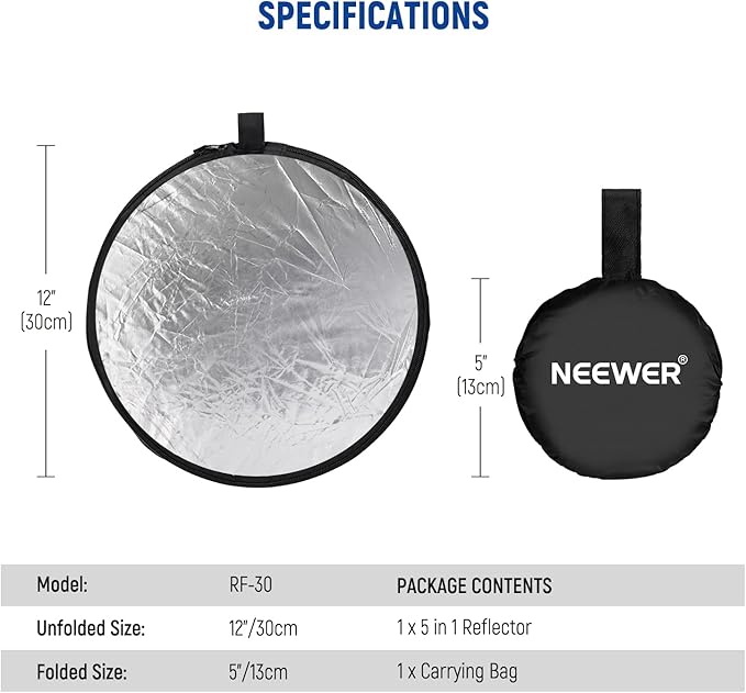NEEWER 12"/30cm Light Reflector Light Diffuser 5 in 1 Collapsible Multi Disc with Bag - Translucent, Silver, Gold, White, and Black for Photography