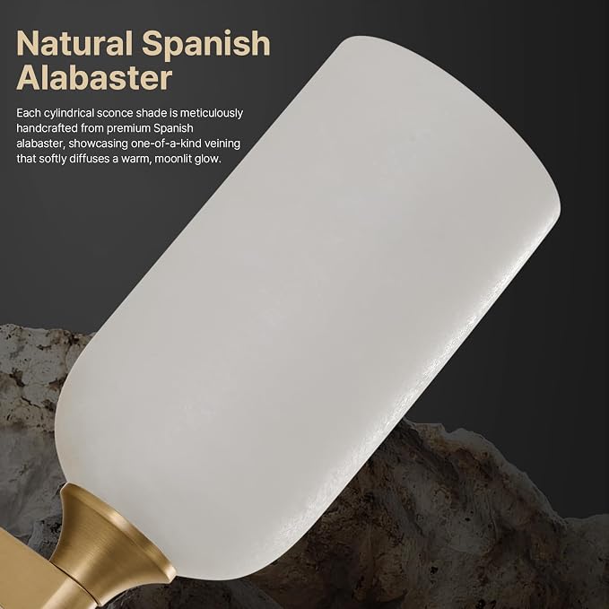 14" Natural Alabaster Sconce, Vintage Brass Marble Wall Light | Natural Spanish Alabaster, Modern Vintage Style, Unique Marble Veining, Solid Brass Construction, Dual Installation Options