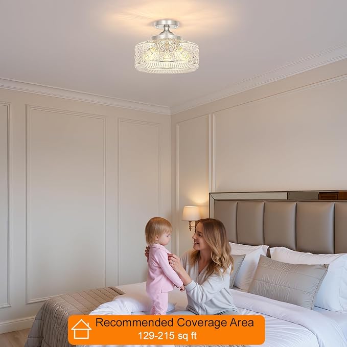 Brushed Nickel Semi Flush Mount Ceiling Light, 3-Light Vintage Ceiling Light Fixture, Hallway Lighting Fixture with Thickened Glass, 12In Kitchen Ceiling Mount Light for Entryway Bathroom, E12*3