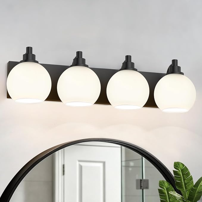 IZORRO Bathroom Light Fixtures, 4-Light Matte Black Vanity Light, Modern Wall Sconces with Globe Milk White Glass Shade, Vanity Lighting Fixtures Over Mirror,E26 Bulb Socket