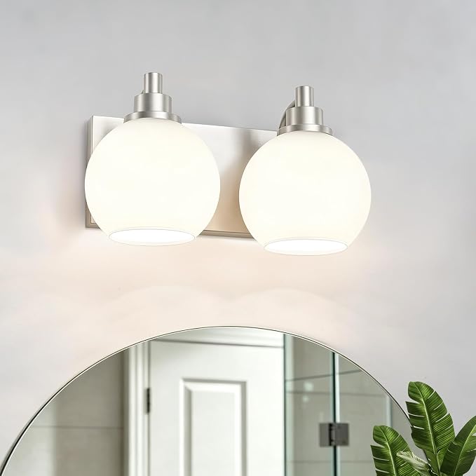 IZORRO Bathroom Light Fixtures, 2-Light Brushed Nickel Vanity Light, Modern Wall Sconces with Globe Milk White Glass Shade, Vanity Lighting Fixtures Over Mirror,E26 Bulb Socket