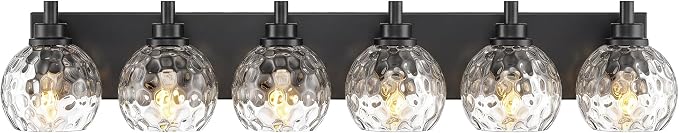 6-Light Black Bathroom Vanity Light, Hammered Glass Globe Shade | 38 Inch matte black modern bathroom light fixture over mirror, UL listed, E26 bulbs, hardwired, upward only, VL200-MB-CL-6