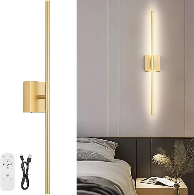 Battery Operated Wall Sconce, 3000K-6000K Dimmable Gold Wall Lights with Remote Control, Timable LED Wireless Wall Sconces, 350° Ratate for Bathroom, Living Room, Hallway 29.1 Inch 1 Pack