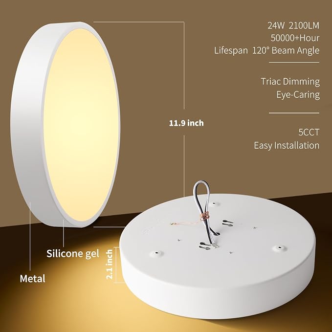 Flush Mount Ceiling Light Fixtures White LED Dimmable 5CCT 12In 24W 2Pack | 2700K, 3000K, 3500K, 4000K, 5000K, Iron Construction, IP40, For Bathroom, Bedroom, Kitchen, Entryway, Closet & Hallway, ETL