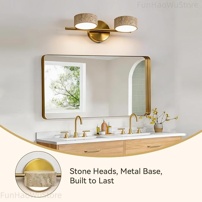 Led Bathroom Lighting Fixtures Over Mirror with 2 Travertine Shades,Vanity Lights Wall Lamp, 180° Rotatable Stone Lampshades Bathroom Lights, Modern Farmhouse Stone Sconces Gold