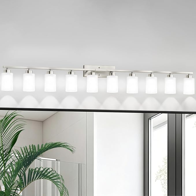 IZORRO Modern Bathroom Light Fixtures, 10 Light Brushed Nickel Vanity Lights, Bathroom Lighting Fixtures Over Mirror with White Glass for Living Room Cabinet Bedroom