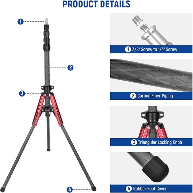 NEEWER Light Stand Carbon Fiber with 180° Reversible Legs, 1/4" to 3/8" Screw Adapter and Bag, 86.5"/220cm Portable Travel Tripod Stand for Outdoor Photography Speedlite Strobe Softbox, ST210R