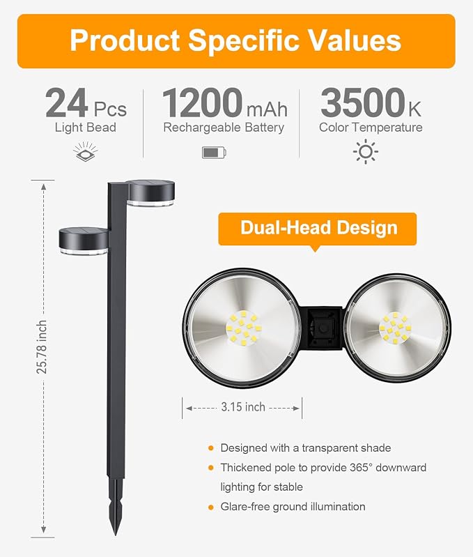 Brighter Solar Pathway Lights Outdoor, 2 Pack Dual-Head Solar Lights Outdoor Waterproof with 4 Heads & 24 LED, Solar Powered Garden Light for Yard Path Walkway Driveway Sidewalk