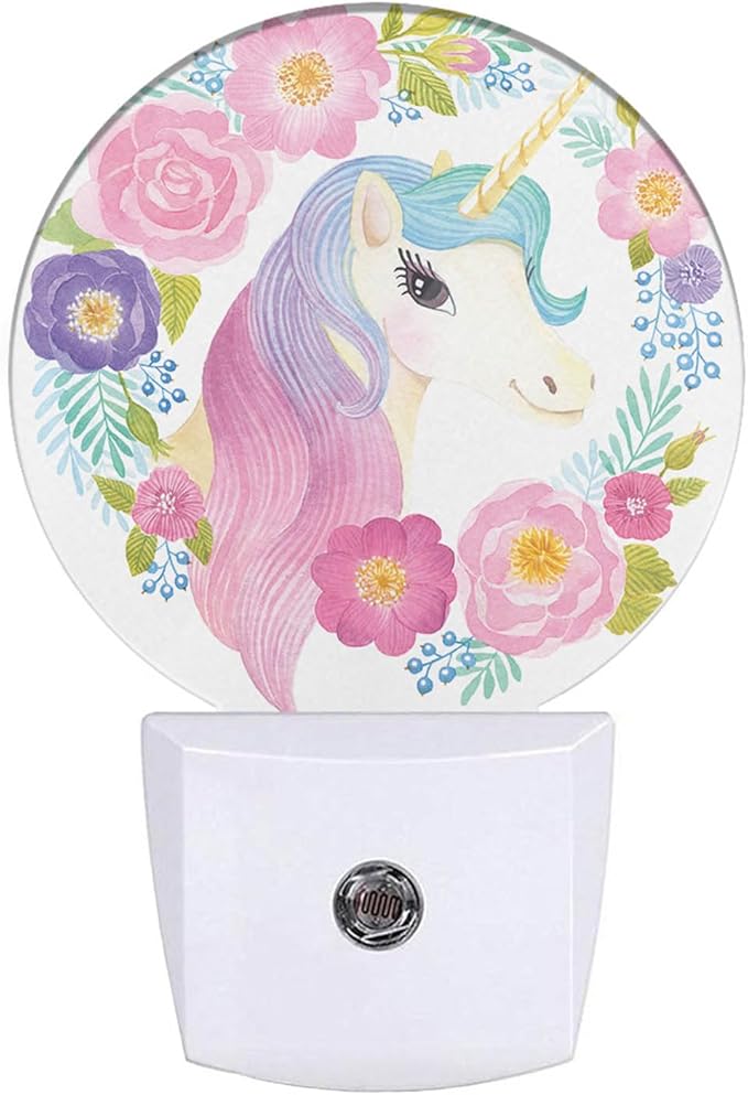 Girl Unicorn Plug in Night Light Cute Animal Unicorn with Rainbow Hair Spring Flowers Leaf Nightlight Dusk to Dawn Sensor LED Lighting for Bedroom Bathroom 0.5W Sleep Friendly