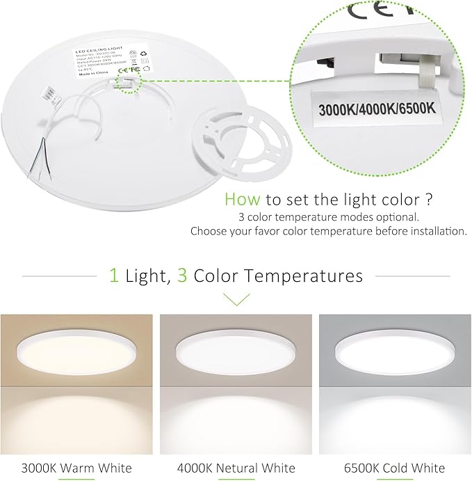 1PACK LED Flush Mount Ceiling Light, Super Slim 15 Inch 3000LM Ceiling Lights, 3000k/4000k/6500k Ceiling Light Fixture for Bedroom, Living Room, Dining Room, Hallway, Wired, White