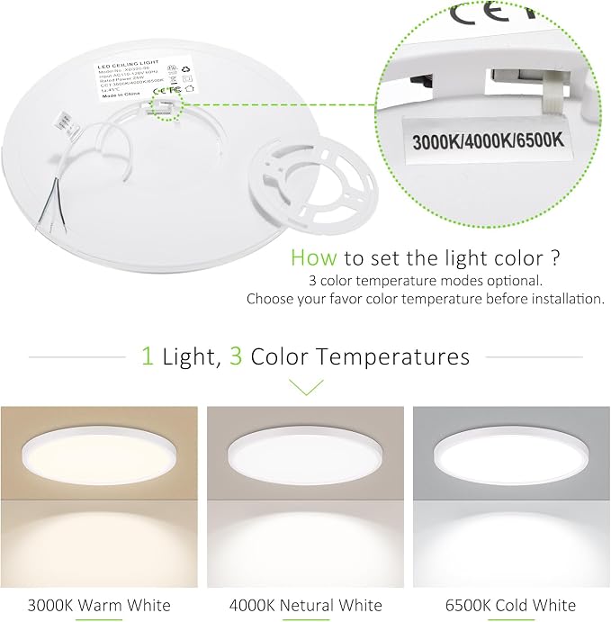 2PACK LED Flush Mount Ceiling Light, Super Slim 15 Inch 3000LM Ceiling Lights, 3000k/4000k/6500k Ceiling Light Fixture for Bedroom, Living Room, Dining Room, Office, Wired, White