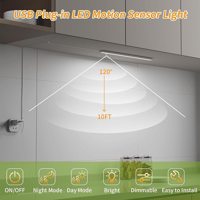 USB Plug-in Motion Sensor Light, Night/Day/ON Modes, Bright&Dimmable | 2-Row LED, 14" Under Cabinet Lighting Indoor for Kitchen, Cabinet, Closet - 6000K Cool White, 1-Bar