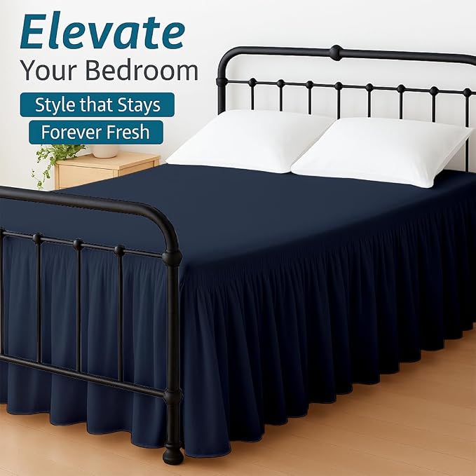 Shreem Linen Ruffled Bed Skirt with Split Corners, Gathered Style, 100% Microfiber, 15-Inch Drop, Dust Ruffle Bedskirt with Platform, King, Navy Blue