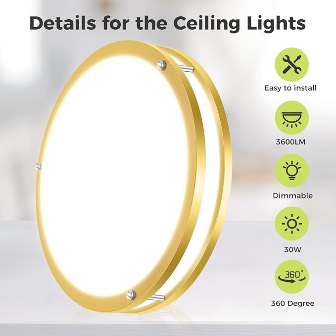 hepside 2 Pack Flush Mount Ceiling Light Fixture, Dimmable & 5Color Temperatures Ceiling Light Gold, 16inch 36W 3000K 3500K 4000K 5000K 6500K Adjustable Ceiling Lamps for Bathroom Bedroom Hallway