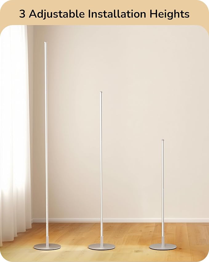 EDISHINE 59.8" Corner Lamp with Remote & 3 Height Settings, Dimmable & 3CCT | Adjustable Color Temperature, Foot Switch, Metal Base, Slim Floor Lamps for Living Room, Bedroom, Study, Silver