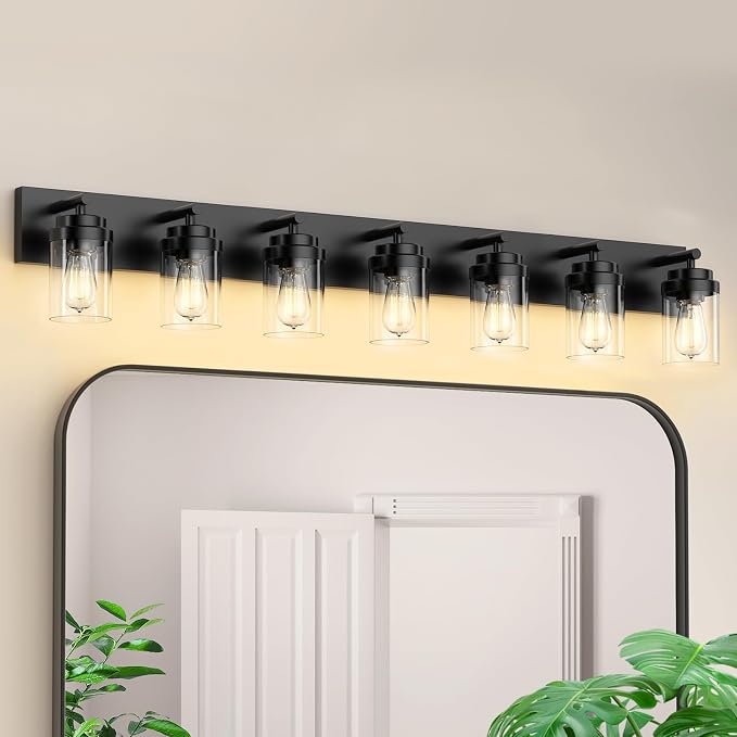 IZORRO Bathroom Vanity Light Fixture, 7-Light 52 inch Matte Black Bathroom Light Fixtures Over Mirror, with Clear Glass Shade, Modern Farmhouse Vanity Lights, Rustic Restroom Lighting Fixtures