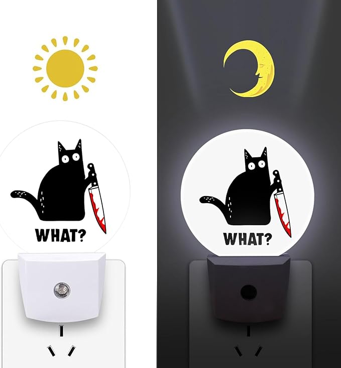 Round LED Night Light,Black Cat and Knife What LED Night Light Plug into Wall with Dusk to Dawn Light Sensor White Energy Efficient Nightlight for Bedroom Bathroom Hallway Living Room Kitchen