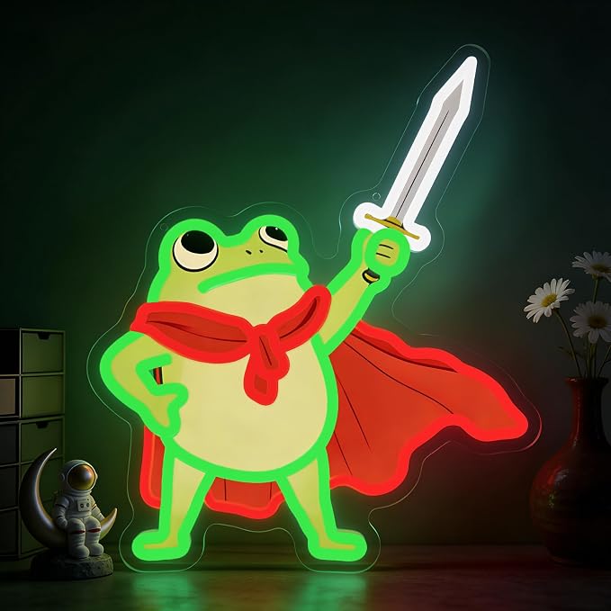 Frog Neon Sign, Frog with Sword LED Neon Lights Signs for Game Room Decor | UV-Printed Frog Warrior Art with Adjustable Brightness for Man Cave,Game Rooms,Bedrooms,Bar,and Frog Lover Gifts-USB Powered