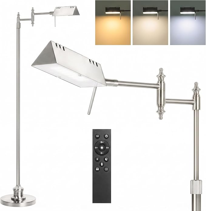 Bairth Brushed Nickel Reading Floor Lamp,Rotatable Pharmacy Standing Lamp | 90°Rotatable Lamp Head 3 Color Temperature, Dimmable, 17W LED, Height Adjustable, 360°Swing Arm, Living Room, Bedroom, Craft