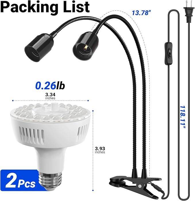 Barrina Orbgrow OG11A2 Clip On Grow Light for Indoor Plants, 5000K 22W | Integrated Stepless Dimming & Timing, Full Spectrum, High PPFD, 2 Goosenecks with E26 Plant Light Bulbs
