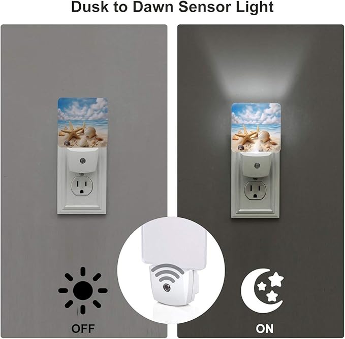 Starfish Seashells Night Light Set of 2, Summer Beach Auto Sensor LED Dusk-to-Dawn Nightlights, Plug-in Sensor Lamp for Bedroom Bathroom Kitchen Hallway Stairs Decorative