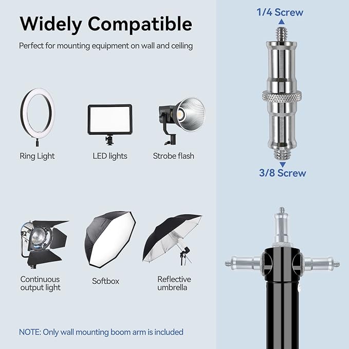 Takerers Ring Light Wall Mount, 4.3ft /51 inch Wall Ring Light Mount,180º Flexible Rotation, Triangle Boom Arm with 3/8 & 1/4 Screw for Photography Light, Monolight, Softbox, Umbrella, Reflector