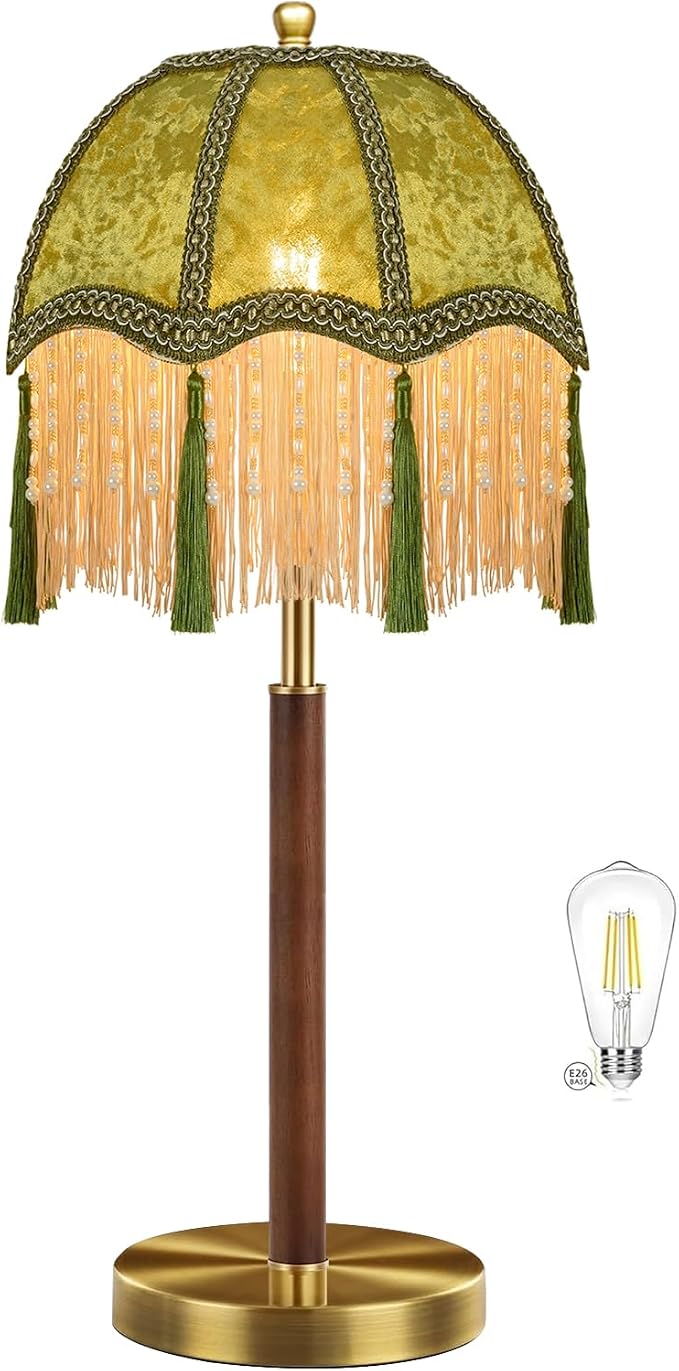 ILLMTW Fringe Table Lamp for Bedroom Living Room,Vintage Bedside Lamps Dimmable Boho Bedroom Lamp with Flower Green Lamp Shade,Mid Century Retro Tassel Unique Wood Small Nightstand Lamp Tiffany Decor