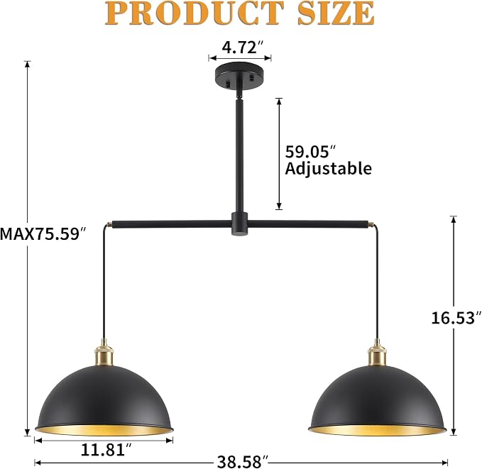 Farmhouse Black Pendant Light with 2-Lights, 11.81" Dome Pendant Lights Fixtures Modern Adjustable Hanging Lighting for Kitchen Island Dining Room and Foyer
