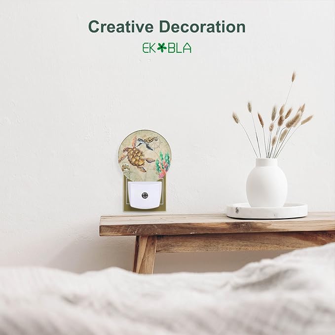 EKOBLA Nautical Coastal Night Light Sea Turtle Ocean Map Seaweed Coral Starfish Plug-in Nightlights Auto LED Lamp Energy Saving Round Lights for Boys Girls Men Women