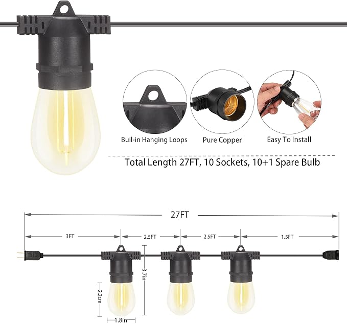 2 Pack x 27Ft Outdoor String Lights, S14 LED, IP65 Waterproof, Connectable, Warm White, for Patio, Edison Vintage, 918Ft Maximum, Shatterproof