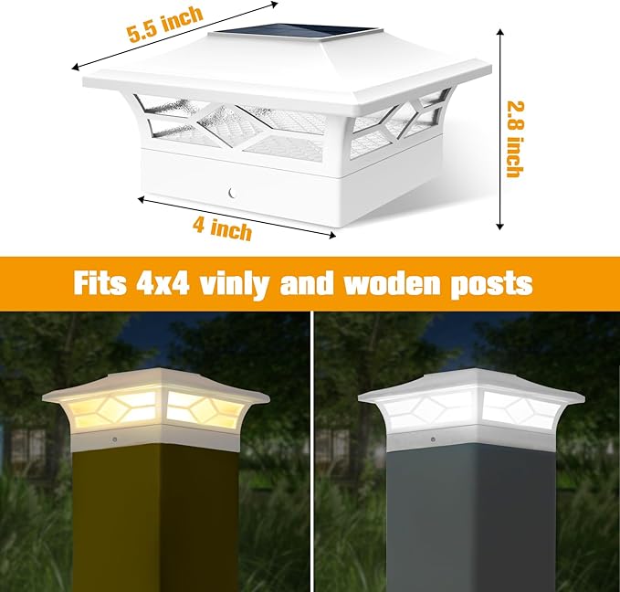 Solar Fence Post Lights 4pack, Cap Lights for 4x4/5x5 Vinyl Fence and 4x4/6x6 Wooden Post, Warm White/Cool White Lighting, White Solar Cap Outdoor Waterproof Decorate Garden Pathway Dcek Patio