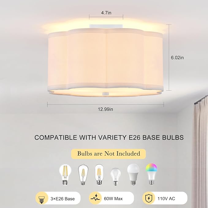 13" Modern White Semi Flush Mount Ceiling Light Fixture, 3-Light | White Linen Petal Shade, Modern Style For Bedroom, Hallway And Kitchen; Close-To-Ceiling, E26, Dimmable, Easy Install