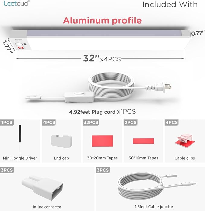 Under Cabinet Lighting Plug in 32 Inch, 120V Motion Sensor Lights Indoor, 3CCT 3000/4000/5000K, Aluminum Linkable Super Bright LED Counter Light with Timer for Kitchen, Closet, White, 4 Pack