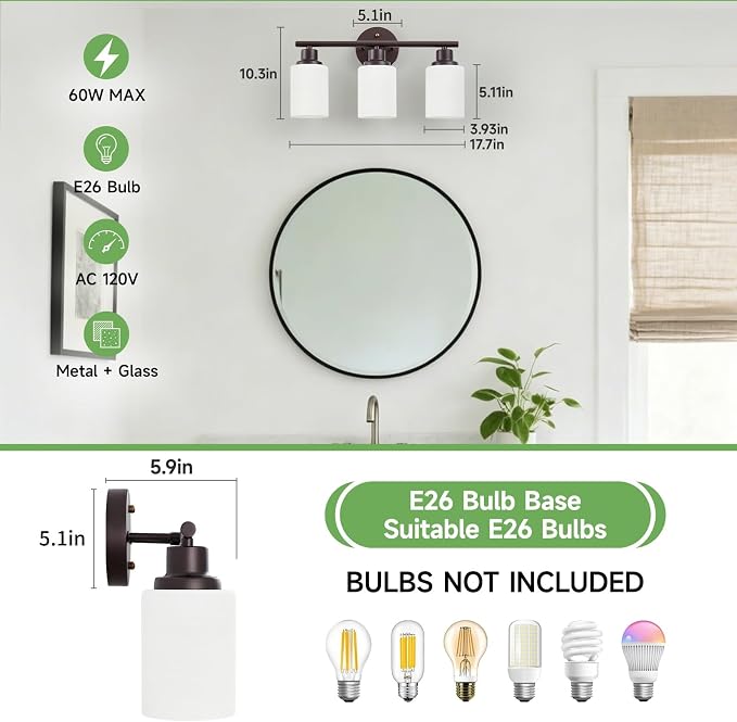 3-Light Bathroom Light Fixtures, Vanity Lights for Mirror with Textured Milky White Glass Shade, Modern Kitchen Light Fixtures Wall Sconce Light - E26 Base - Oil-Rubbed Bronze